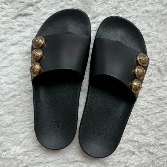 New in Box Balmain Symi Slided Leather Button Shoes Sandals Smooth Black Gold - Picture 1 of 15